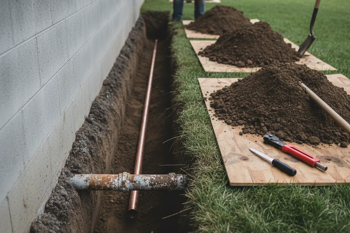 Excavated water line trench during Sewer Line Repair in Amelia Court House
